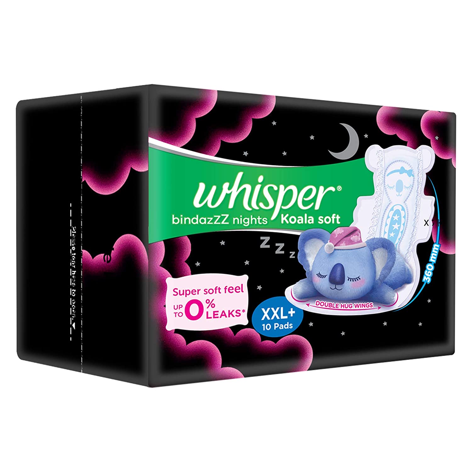 Whisper Bindazzz Night Koala Soft Sanitary Pads, Pack of 10 Pads, XXL+, upto  0% Leaks, 60% Longer & wider back, Super Soft topsheet, Double hug  wings, Irritation free, 36 cm Long