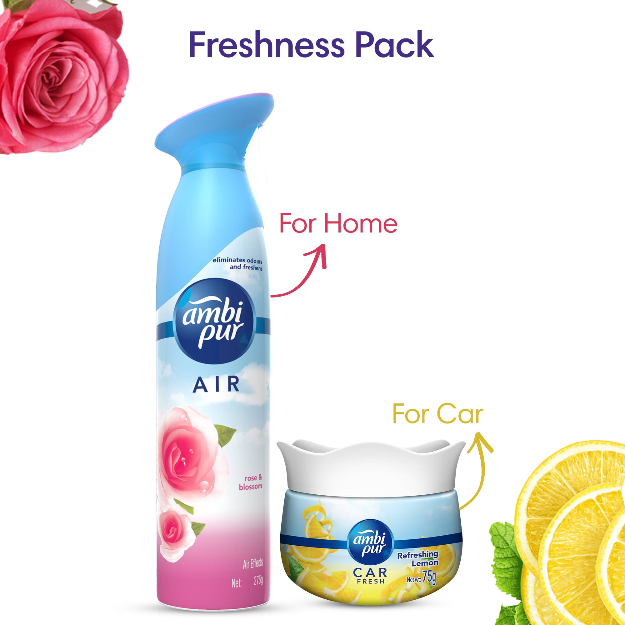 Ambi Pur Car Freshener Gel Pack of 3 – 75g each Refreshing Lemon , Relaxing  Lavender , Romantic Rose