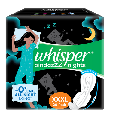 Whisper Bindazzz Night Sanitary Pads, Pack of 30 thin Pads, XL+, upto 0%  Leaks, 40% Longer & Wider back, Dry top sheet, Long lasting coverage, Faster  absorption, 31.7 cm Long