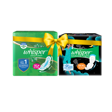 Whisper Ultra Clean (50s) and Bindazz Nights XXXL+ (10s) (Day and Night  Pack)