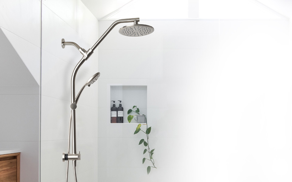 shower rail installed in grey tiled shower