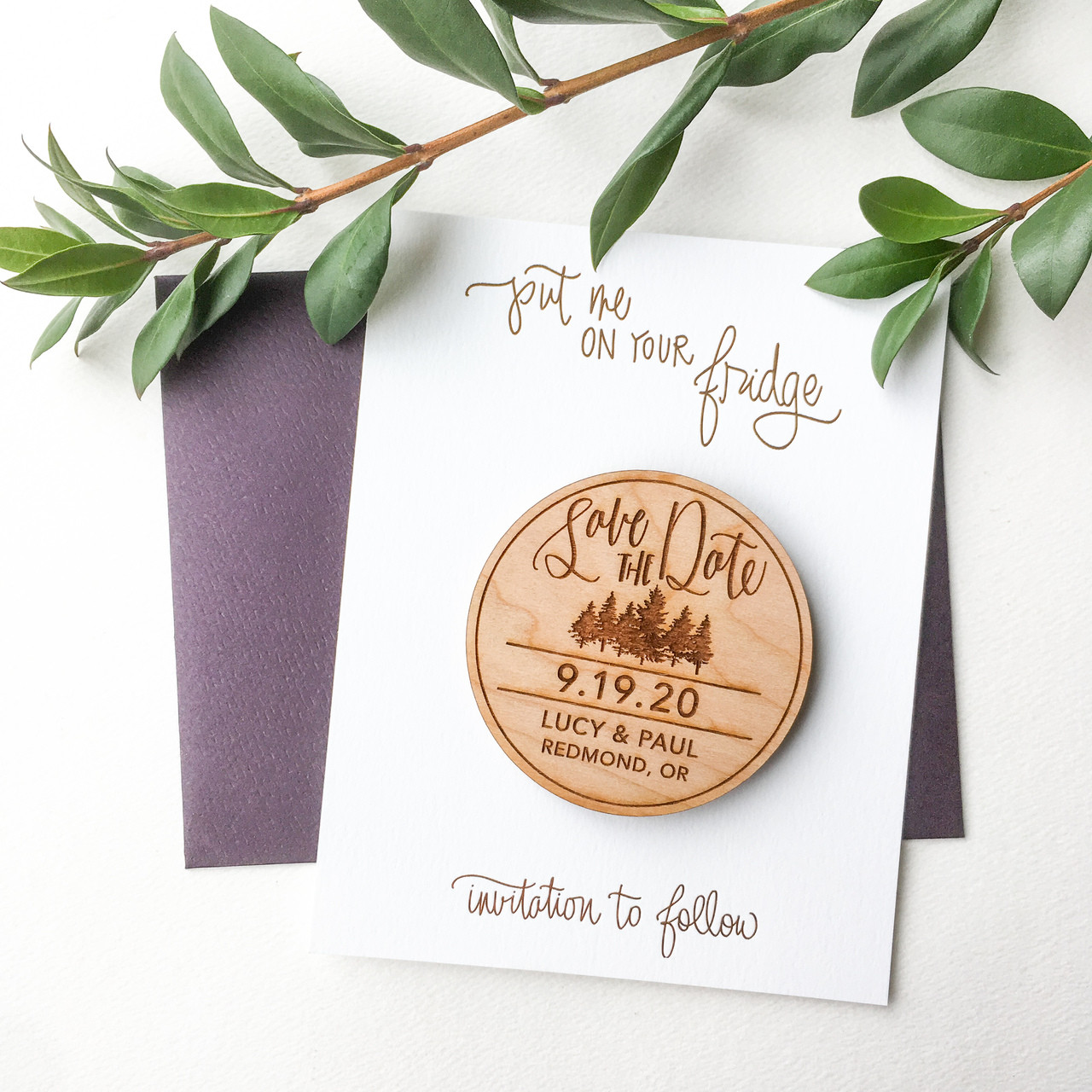save date magnet, woodsy forest wedding save the date wood magnet