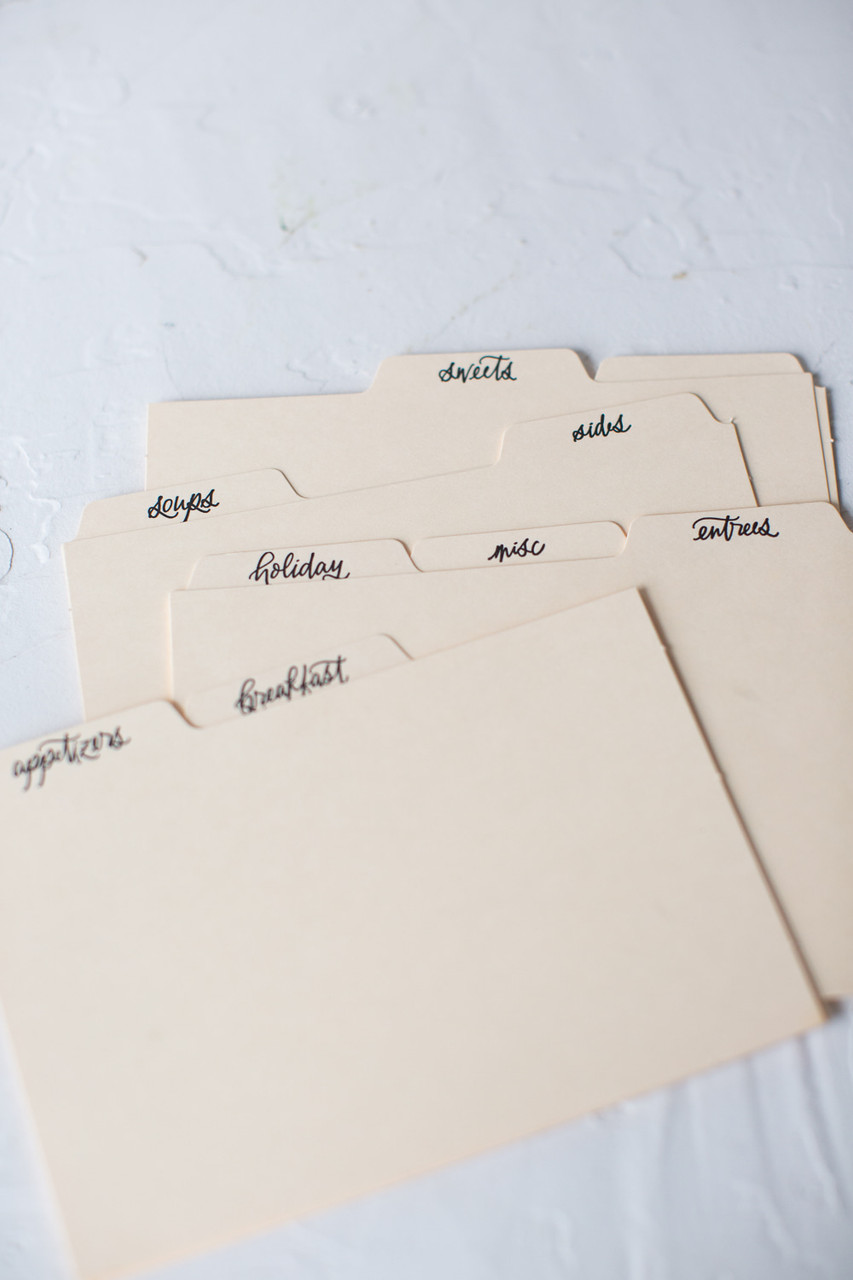 9 recipe card dividers, letterpress printed tabbed dividers with