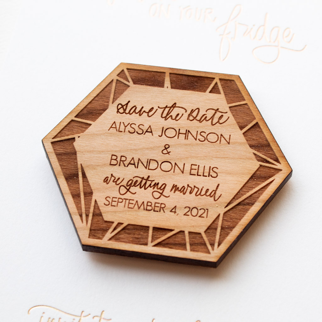 Hexagon Wedding Save the Date Wood Engraved Magnets by Paper Sushi