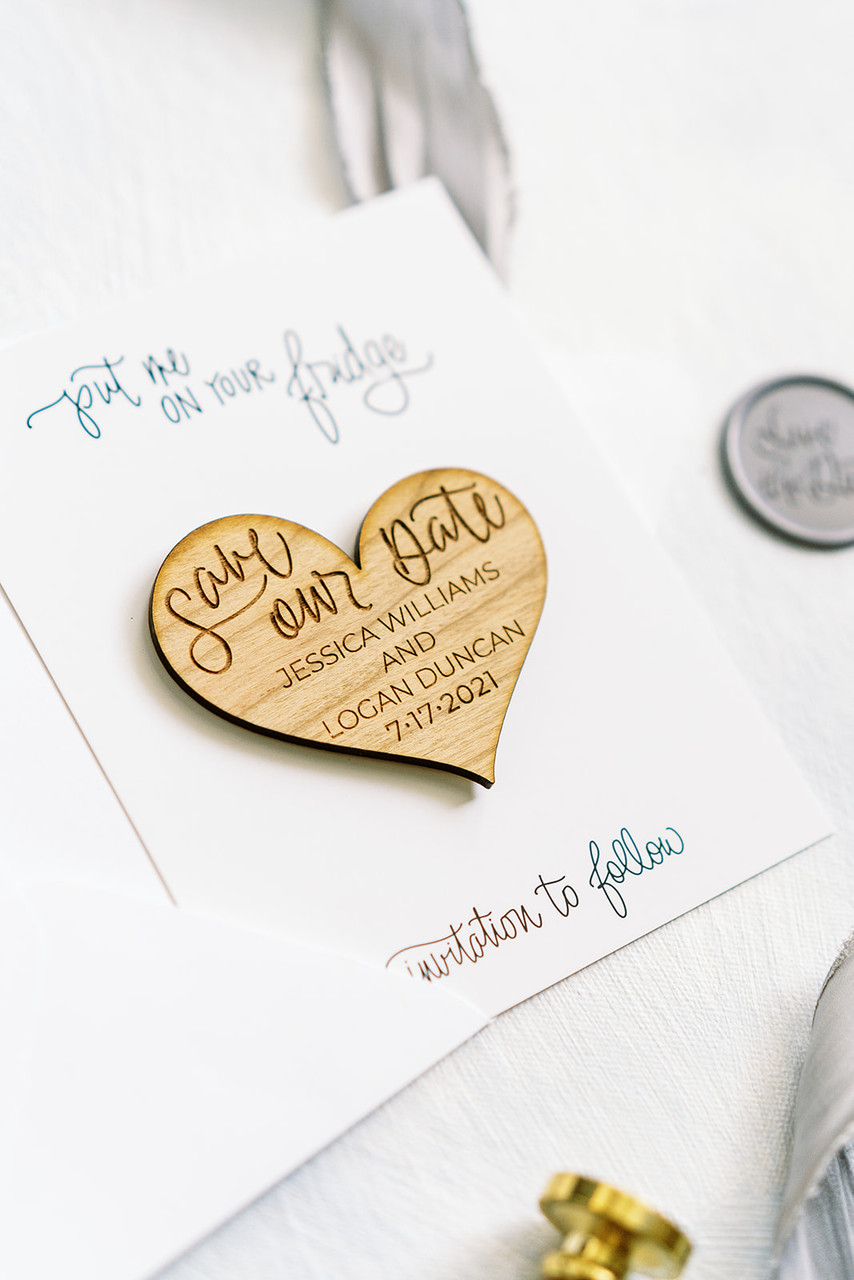 save the dates magnets + backing cards personalized wooden Laser Heart  wedding