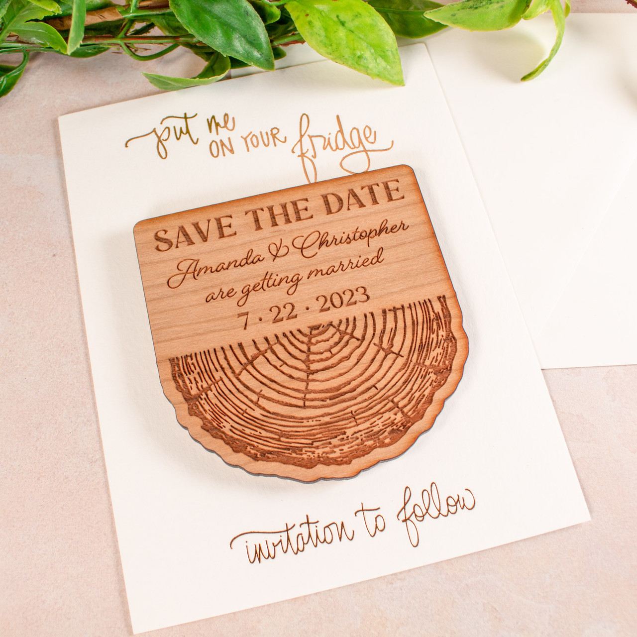 Wood Save the Date Magnets with Hand Drawn Lilies and Wreath by