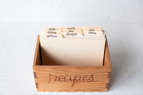 Handmade recipe card box with letterpress dividers and recipe cards by Paper Sushi