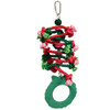 Verspieltes und dekoratives Weihnachtsvogelspielzeug aus rotem und grünem Seil, Plastikperlen und Weihnachtsglocke