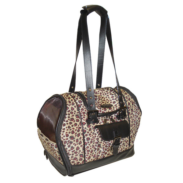Designer Tote for 6lb Toy Yorkie Leopard print with Black Leather Trim - XS