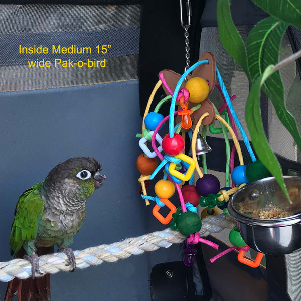 Hornet, our green cheeked conure inside a 15" medium Pak-o-Bird exploring a fun bird toy with a leather butterfly shape center piece trailed by colorful wooden beads and plastic pacifiers in long strings of roll papers.