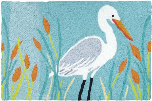 Jellybean colorful area rug, accent mat, Shore bird Egret and cattails, lake blue, turquoise and white color Jellybean colorful area rug, accent mat, Shore bird Egret and cattails, lake blue, turquoise and white color