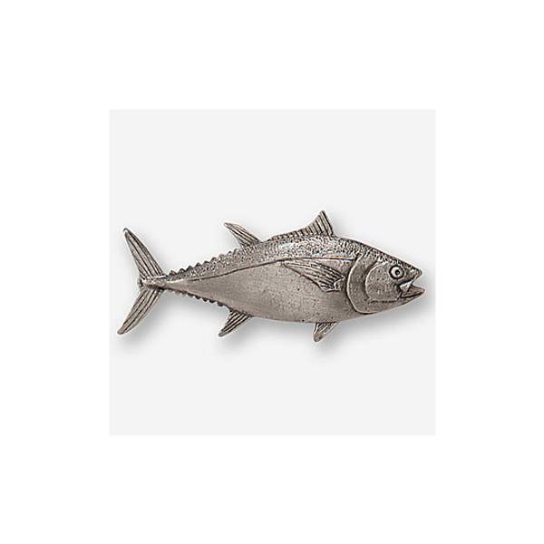 Thunnus thynnus, 2.8 inches long X 1.3 inches tall. This handsome Pewter Tuna Drawer Pull (facing right) is ready to serve as both cabinet hardware and sculpture. The Harris collection of Drawer Pulls is a distinctive line of wildlife and outdoor accents for the kitchen, shop, cabin or workplace. Thunnus thynnus, 2.8 inches long X 1.3 inches tall. This handsome Pewter Tuna Drawer Pull (facing right) is ready to serve as both cabinet hardware and sculpture. The Harris collection of Drawer Pulls is a distinctive line of wildlife and outdoor accents for the kitchen, shop, cabin or workplace.