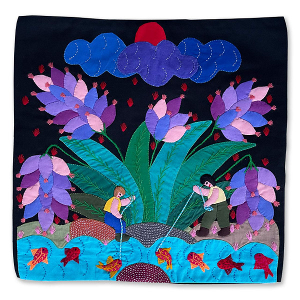 Hand Applique Pillow/Cushion Cover - Fishing on a Cloudy Day