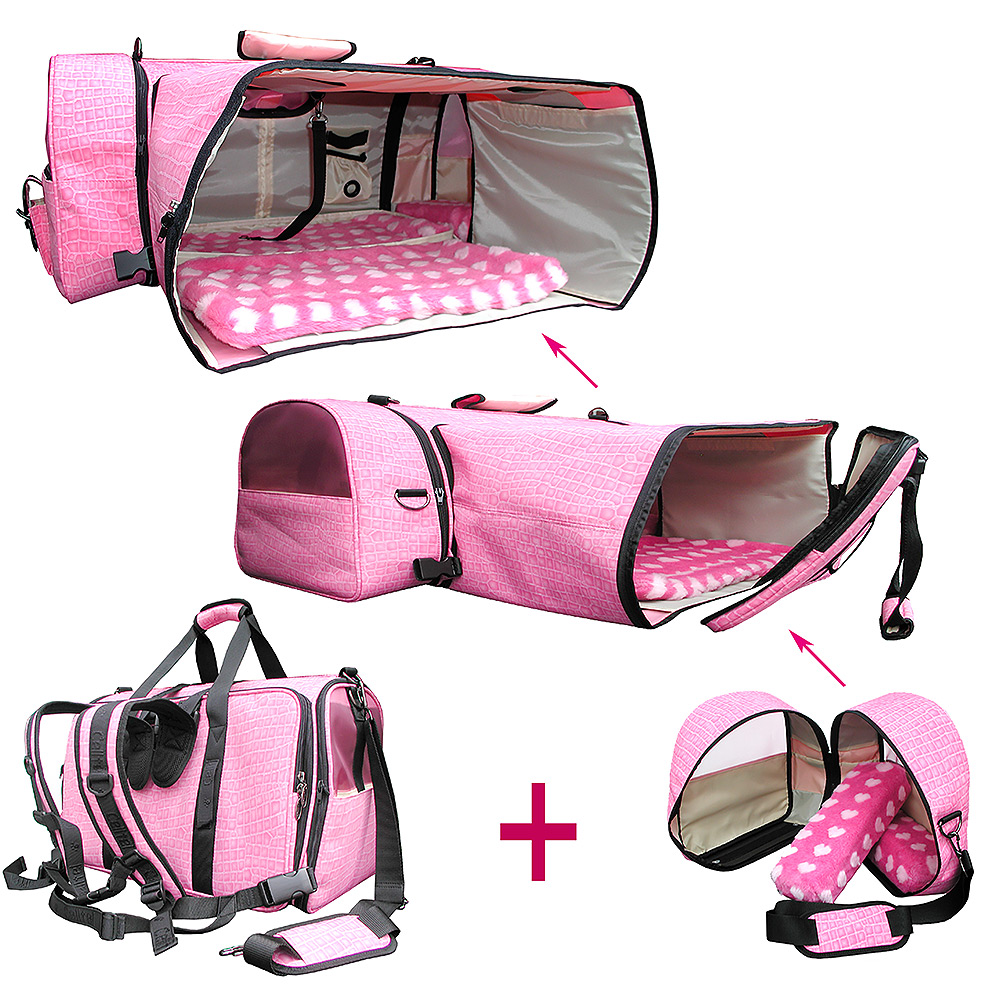 Backpack Pet Carrier expandable into a motel for a 30 lb. French bull dog  flying first class internationally