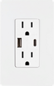 GE In-Wall USB Receptacle, 2 Ports, 5.4A, 1 A Port, 1 C Port, White and Light Almond Faceplates