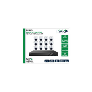 InVid | PAR-16CHTX5MPKITHD | (1) 16CH DVR, (12) 5 Megapixel Cameras, (3) 4CH Power Supplies, (12) Plug and Play cables, No Drive