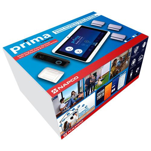 Napco | PRIMA | System + Doorbell in a Box 7" Super Panel, 3 Window/Door, Transmitters & PIR + Doorbell (Hardwire), with wall & tabletop mount brackets, long-life batteries, suppliedCellular communicator included, AT&T | PKIT1DA