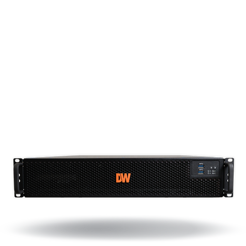 Blackjack P-RACK NVRs powered by DW Spectrum IPVMS, 60TB usable RAID storage, 4 camera licenses pre-installed, 600 Mbps of recording throughput. RAID 5 hard drive configuration, Intel® i7® Processor | DW-BJPR2U80T