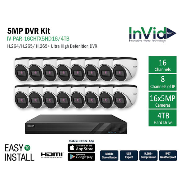 (16) 5 MP, Outdoor, 2.8mm, Smart 65', White Cameras, HD Analog DVR: 16 Ch + 8 Bonus IP Ch, 4TB (NDAA Compliant)