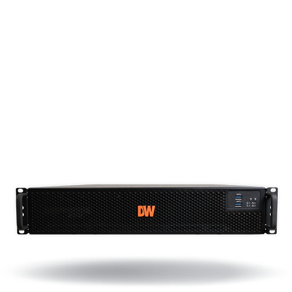 Blackjack P-RACK NVRs powered by DW Spectrum IPVMS, 100TB usable RAID storage, 4 camera licenses pre-installed, 600 Mbps of recording throughput. RAID 5 hard drive configuration, Intel i7 Processo