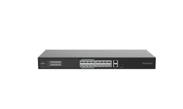 UNV 16 Port Cloud Managed POE Switch; 16 Gigabit POE ports, 1 Gigabit Ethernet Port (RJ45), 1 Gigabit SFP Port, 1 Gigabit Combo (RJ45 and SFP); IEEE802.3af/at up to 30W per port; Max PoE capacity: 250