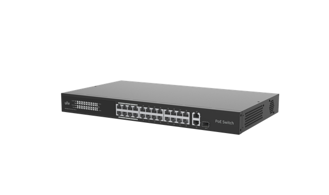 UNV 24 Port Cloud Managed POE Switch; 24 Gigabit POE ports, 1 Gigabit Ethernet Port (RJ45), 1 Gigabit SFP Port, 1 Gigabit Combo (RJ45 and SFP); IEEE802.3af/at up to 30W per port; Max PoE capacity: 370