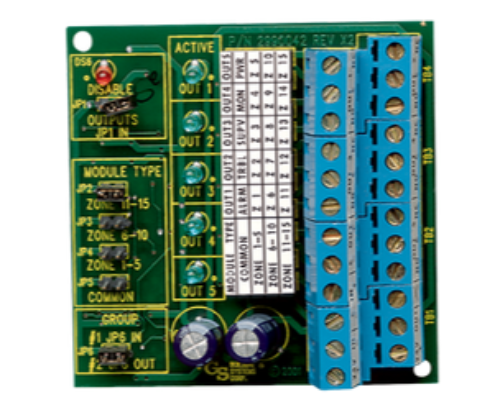 Five-Output Remote Relay Module with Form C Contacts, Jumper-Selectable Zone Operation, Mounting Track Included