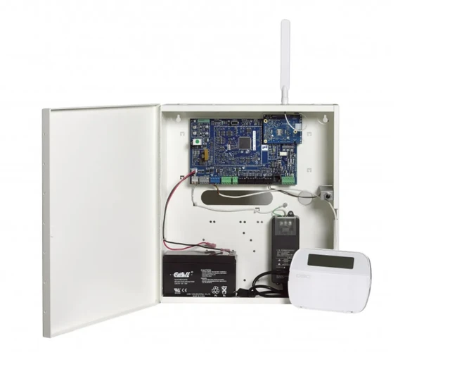 PowerSeries Pro HS3128BASECP01 with HSC3010C cabinet, HS2LCDPRO keypad, SD-15W siren, and RJ45 telephone jack (CP01 defaults and English manual)