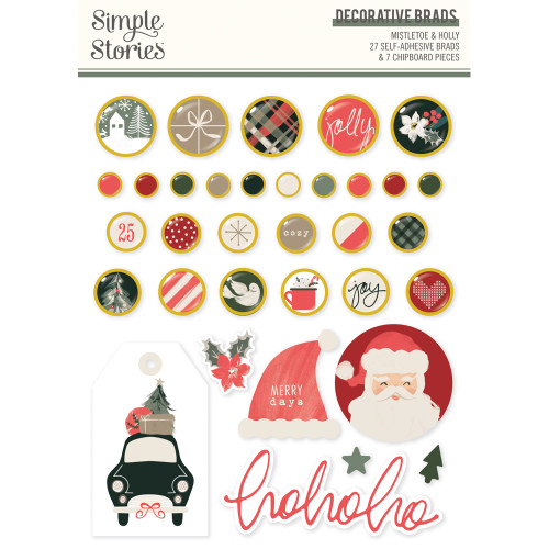 PREORDER - ships September: SIMPLE STORIES Mistletoe & Holly Decorative Brads