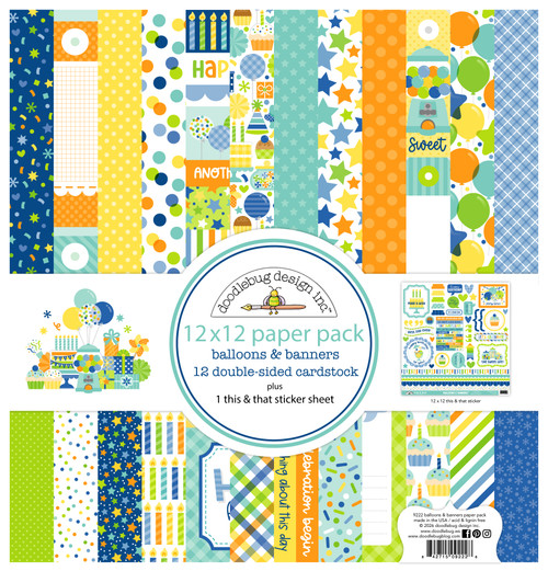 PREORDER - ships late AUGUST: DOODLEBUG DESIGNS Balloons & Banners 12x12 Paper Pack