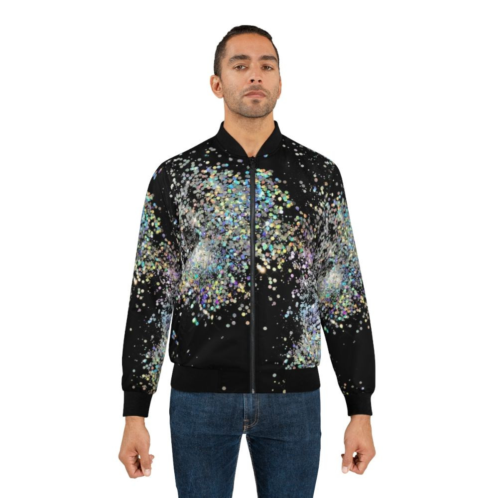 Model wearing a black and silver ombre bomber jacket with chunky sequins and glitter - Lifestyle