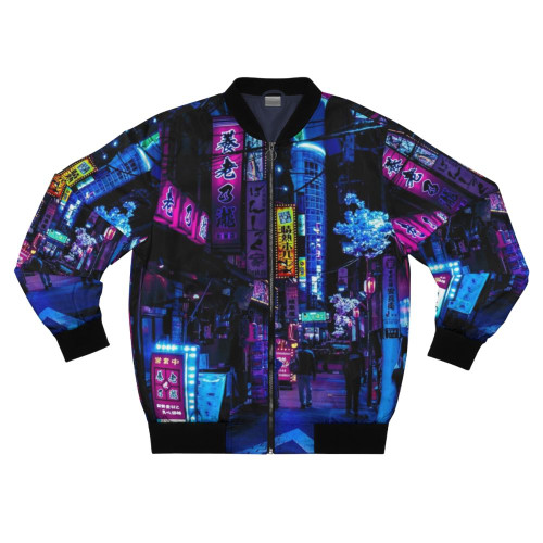 Cyberpunk-inspired blue bomber jacket with neon Tokyo alley design