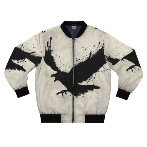 Raven bomber jacket with sketch-style bird design and spatter effects