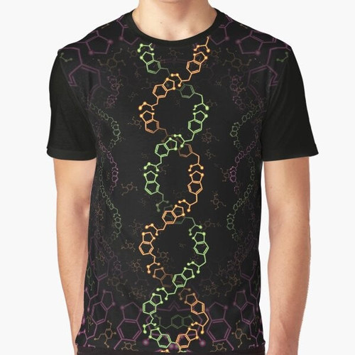 A psychedelic t-shirt design featuring the molecular structures of MDMA and 2C-B, inspired by the work of Alexander Shulgin.