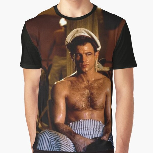 Brad Davis wearing a Querelle gay movie graphic t-shirt with a hairy chest