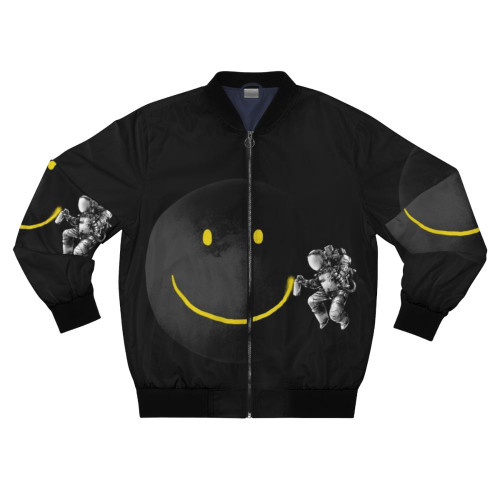 Surrealist "Smile" bomber jacket with a black and white abstract face design inspired by science fiction and astronomy