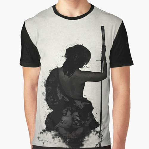 Artistic watercolor and ink design featuring a powerful female samurai, or onna bugeisha, holding a Japanese katana sword.