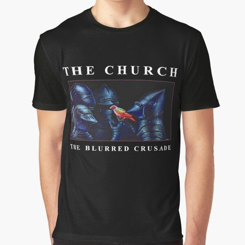 Vintage t-shirt design featuring The Church's "The Blurred Crusade" album artwork