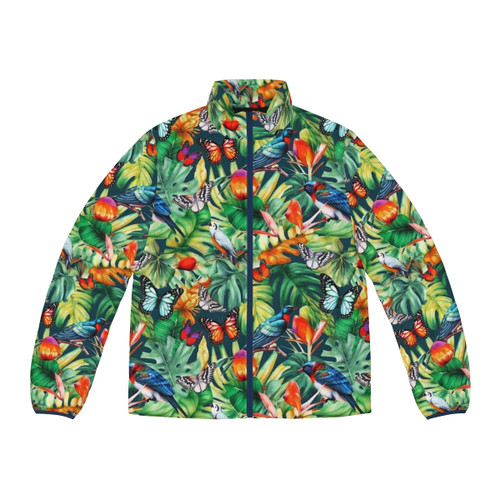 Colorful Jungle Watercolor Puffer Jacket with Birds and Tropical Foliage