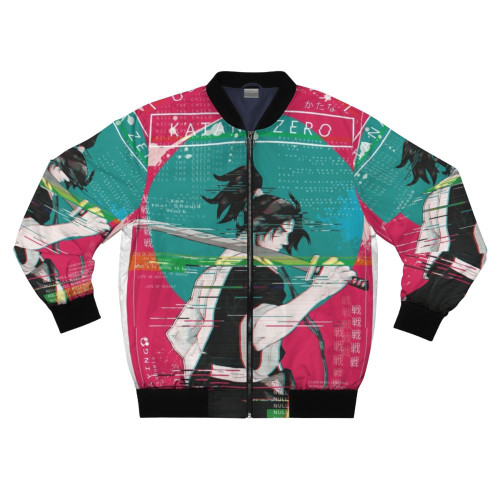 Katana Zero cyberpunk-inspired bomber jacket featuring the game's distinctive visual style and characters.