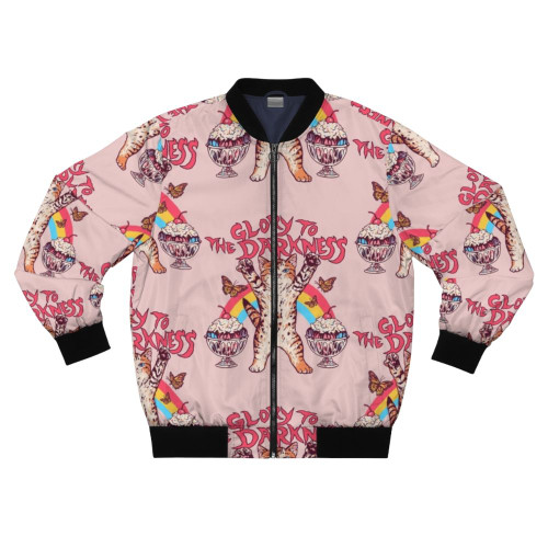 A dark bomber jacket featuring occult and retro inspired designs.