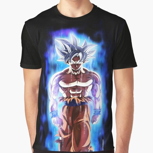 Goku using the Ultra Instinct technique from Dragon Ball Super, featured on a graphic t-shirt design.