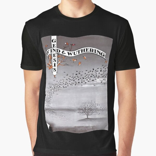 Vintage-style graphic t-shirt featuring the album cover art of Genesis' "Wind and Wuthering" album
