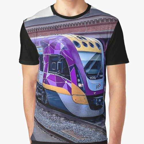 Graphic t-shirt featuring a VLine train at Castlemaine Station in Victoria, Australia