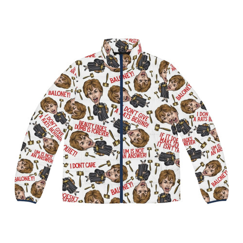 Judge Judy inspired puffer jacket with unique pop culture pattern