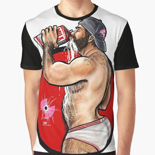 Muscular beefcake wearing a graphic t-shirt with a booty-themed design, celebrating gay pride.