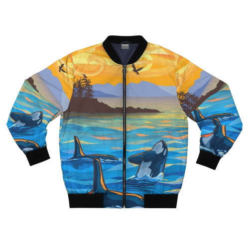 Bomber jacket featuring a vibrant orca design against a sunrise ocean backdrop