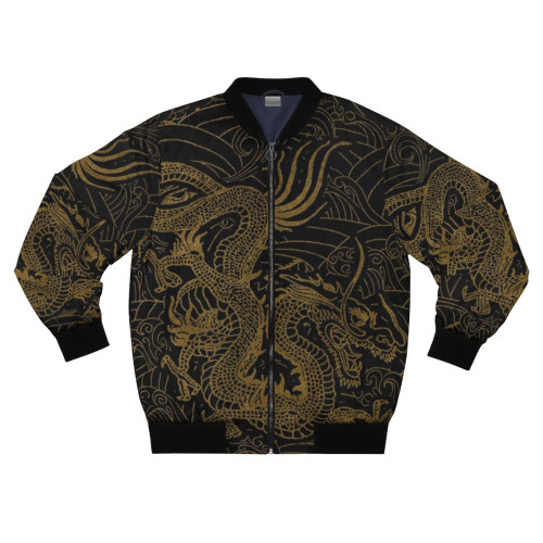 Golden Chinese dragon pattern on a black background bomber jacket