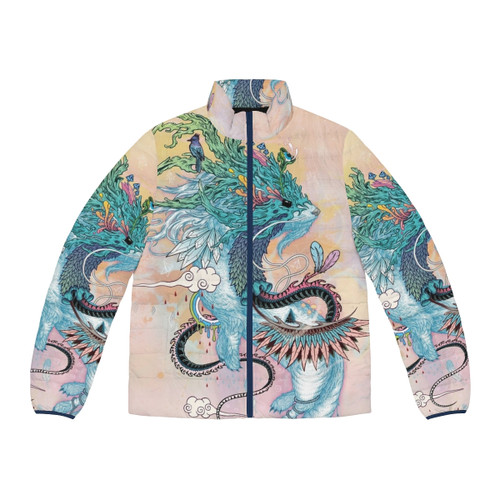 A colorful and psychedelic puffer jacket featuring a majestic ermine spirit animal design.