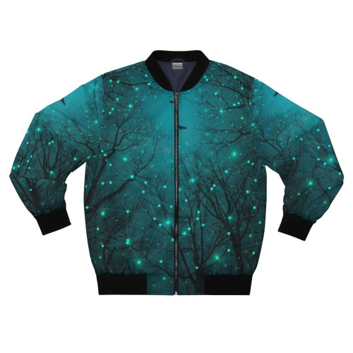 Teal galaxy bomber jacket with geometric constellations and abstract tree silhouette design